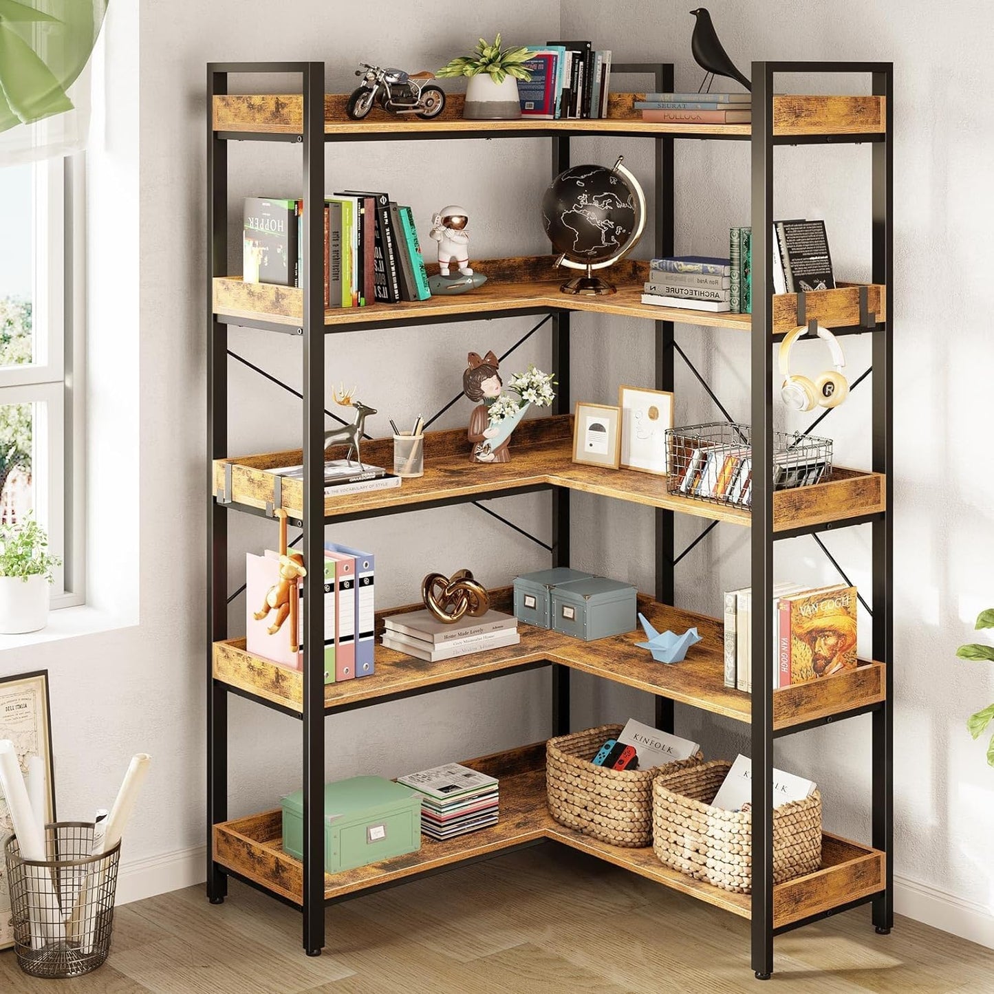 65" Industrial Wooden Bookcase with Open Shelves and Metal Frame
