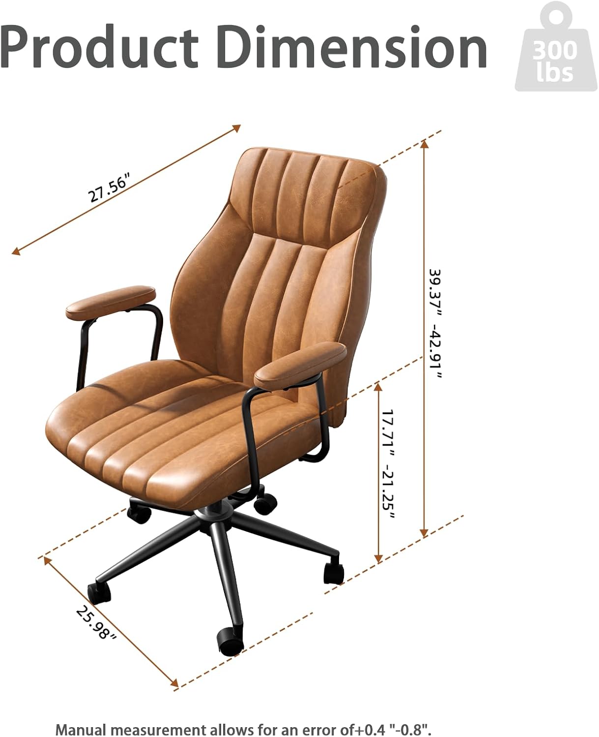 Brown Leather Office Desk Chair with Wheels and Arms
