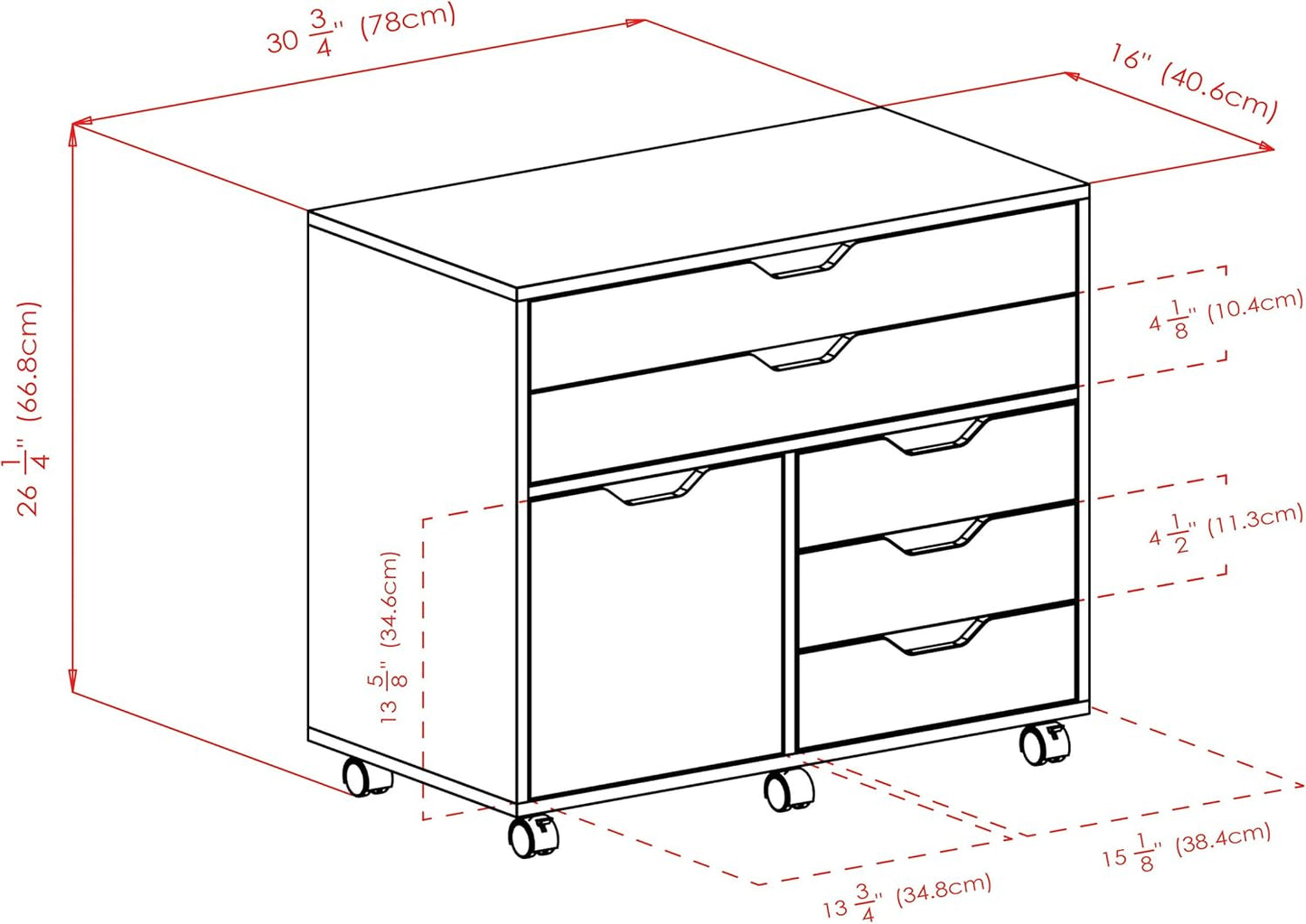 Halifax Storage Mobile Cabinets, 1 Door, 3 Drawers, 2 Wide Drawers, for Home Office, White