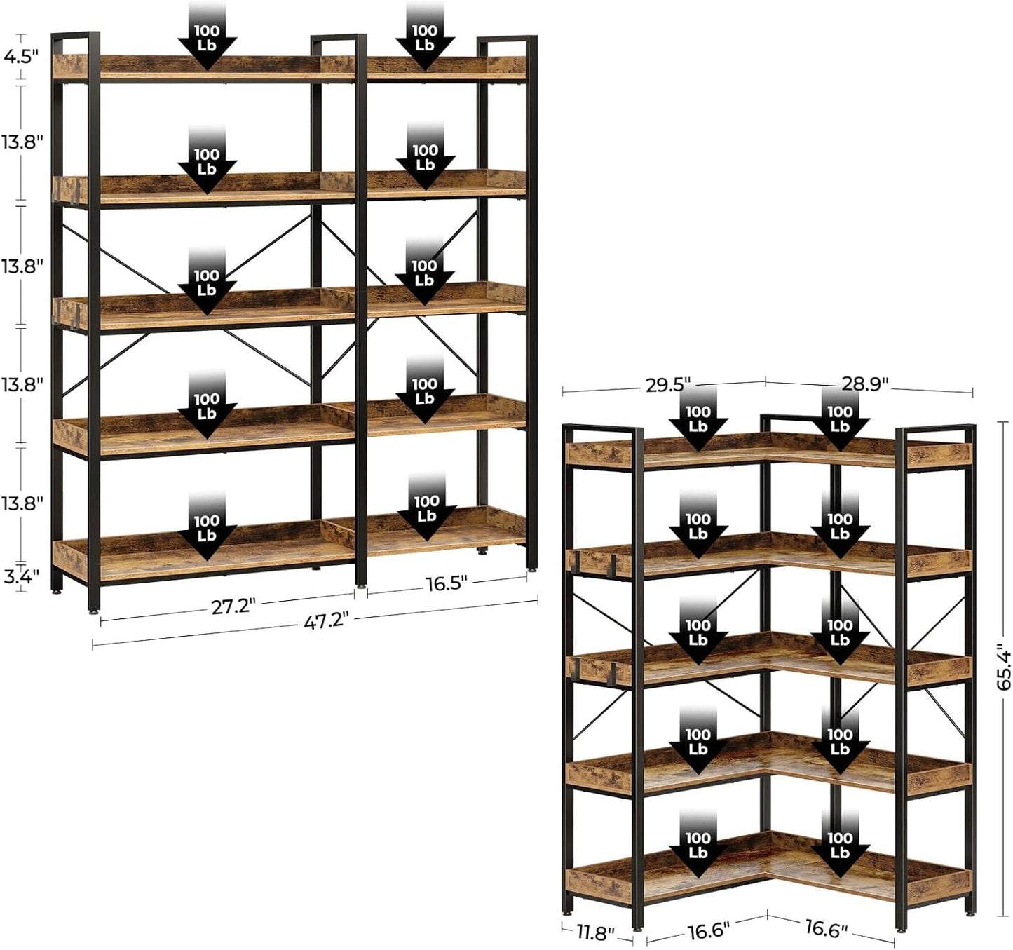 65" Industrial Wooden Bookcase with Open Shelves and Metal Frame