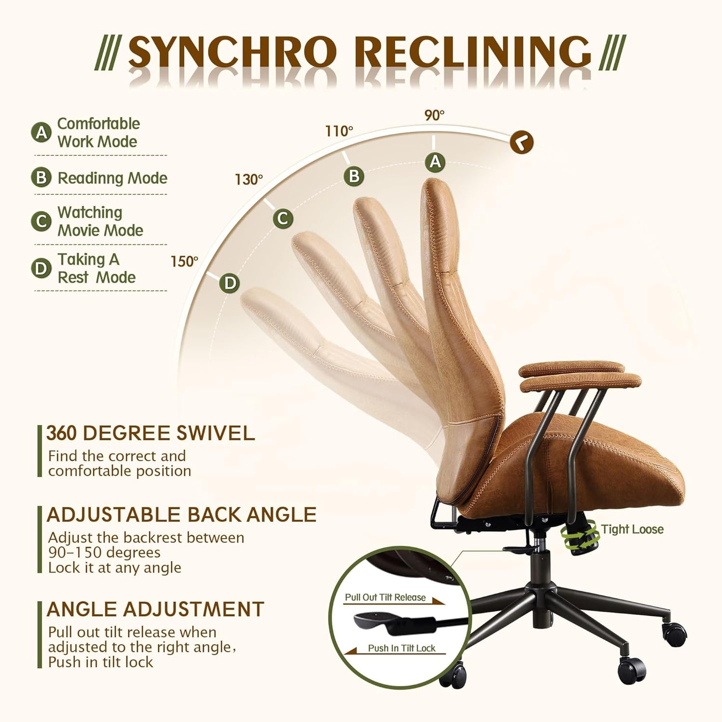 High Back Office Chair,Modern Swivel Office Chair,Brown