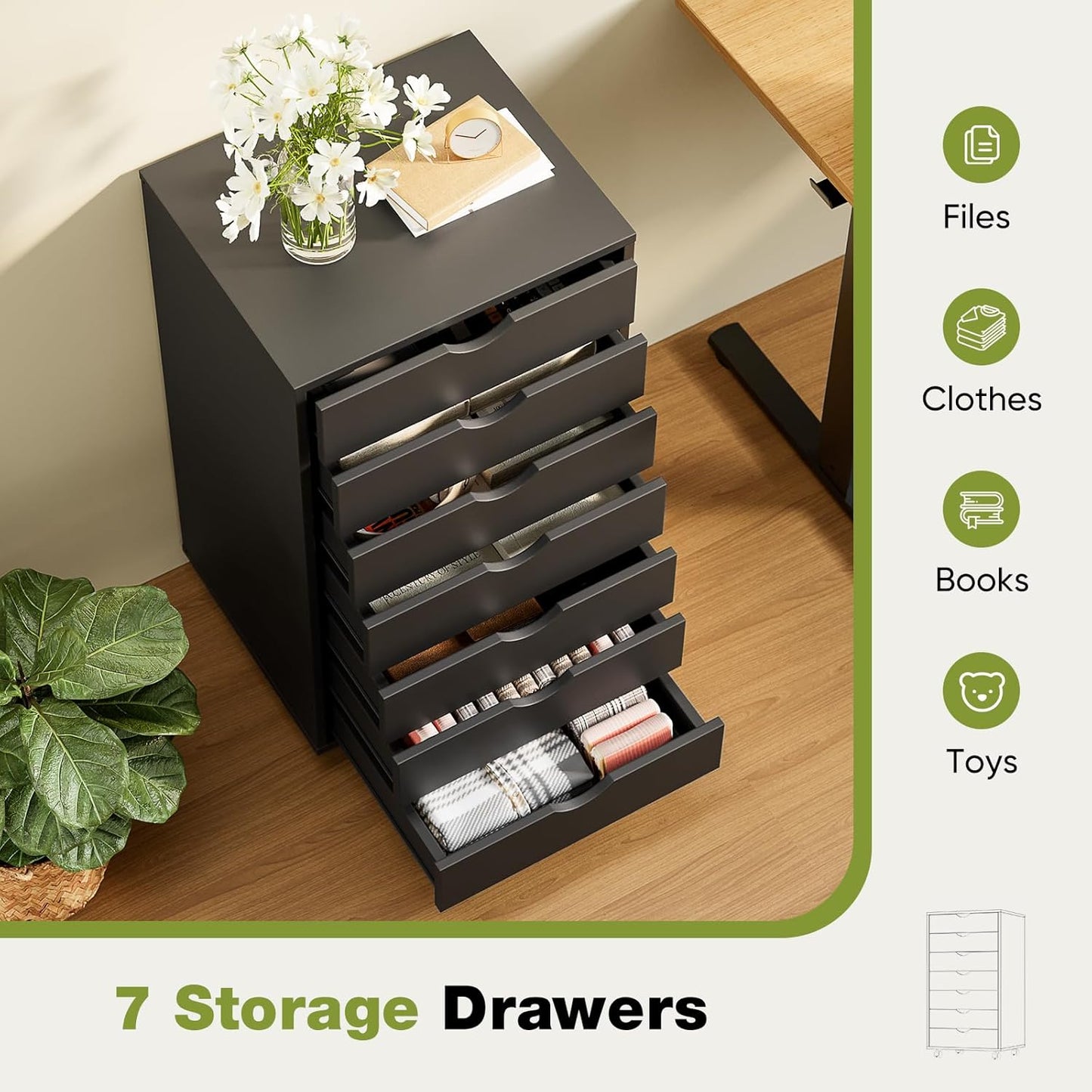 Sweetcrispy 7 Drawer Chest Mobile Storage Cabinets Wooden Dresser with Wheels