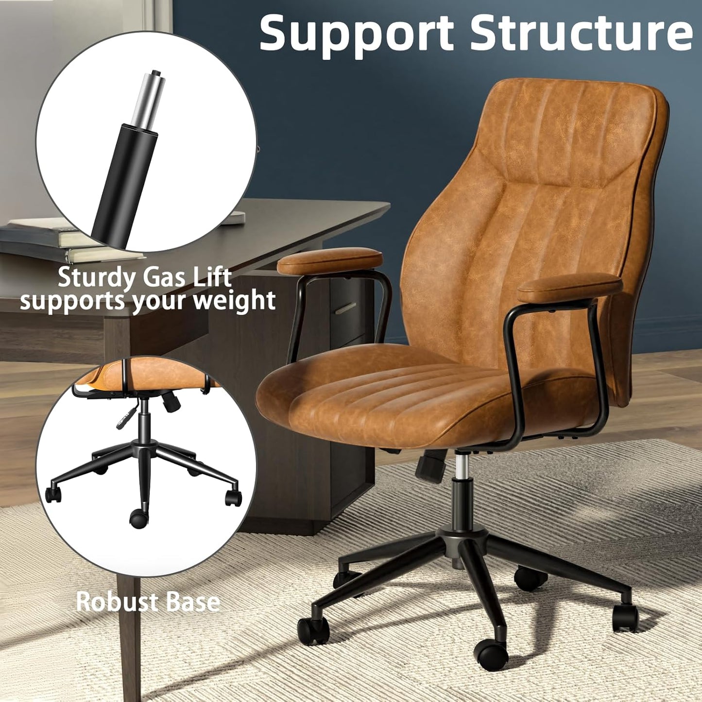 Brown Leather Office Desk Chair with Wheels and Arms