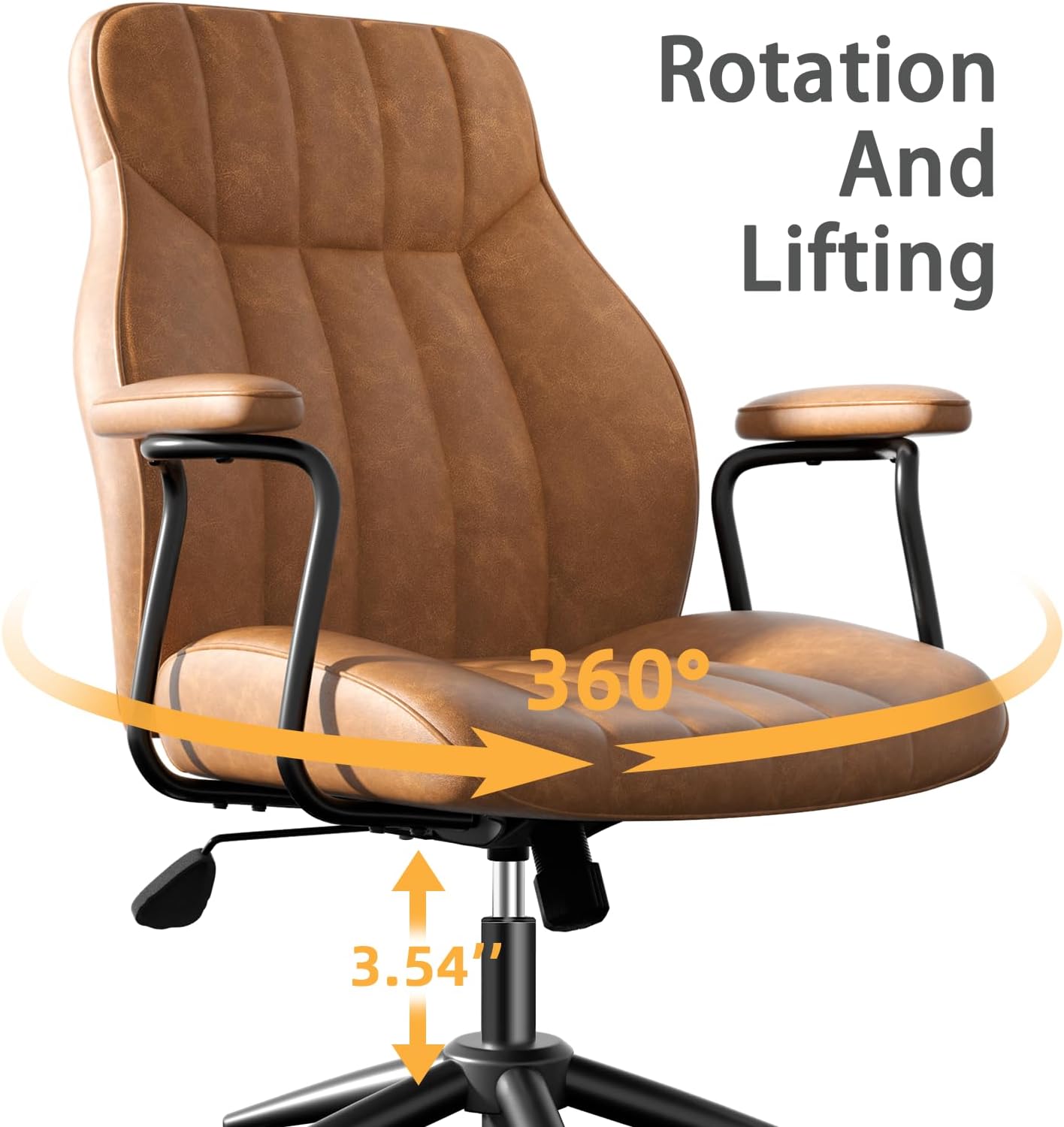 Brown Leather Office Desk Chair with Wheels and Arms