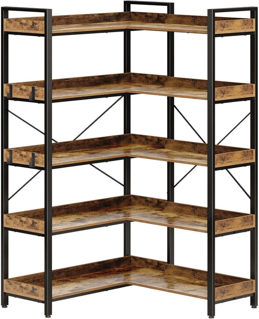 65" Industrial Wooden Bookcase with Open Shelves and Metal Frame