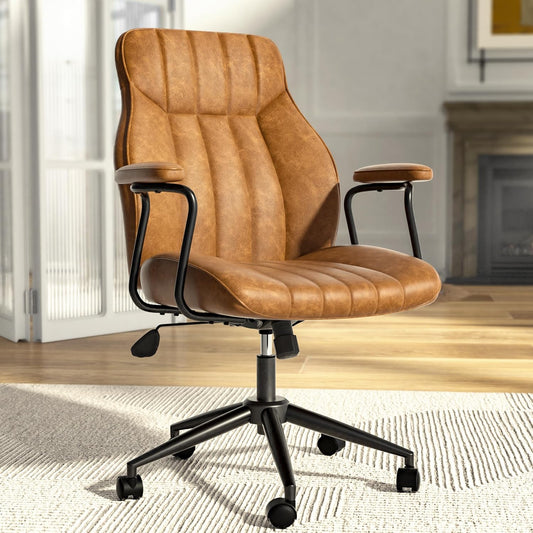 Brown Leather Office Desk Chair with Wheels and Arms